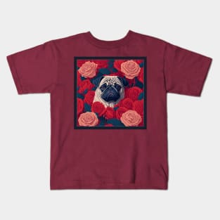 Dogs, pug and flowers, dog, style vector (red version 1 pug) Kids T-Shirt